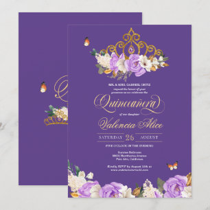 Lavender Rose Royal Lila Gold Tiara Quinceanera Einladung