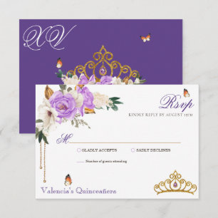 Lavender Rose Royal Lila Gold Tiara Quinceanera RSVP Karte