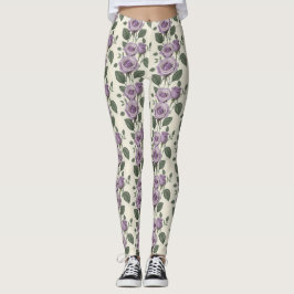 Lavender Roses With Silver And Green Leaves Leggings