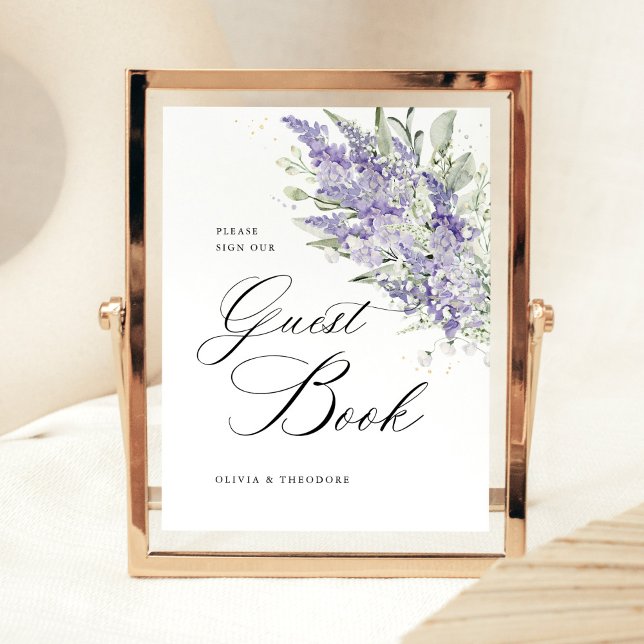 Lavender Sage Green Floral Guest Book Wedding Sockelschild (Lavender floral guest book wedding table sign with sage green foliage, elegant script typography)