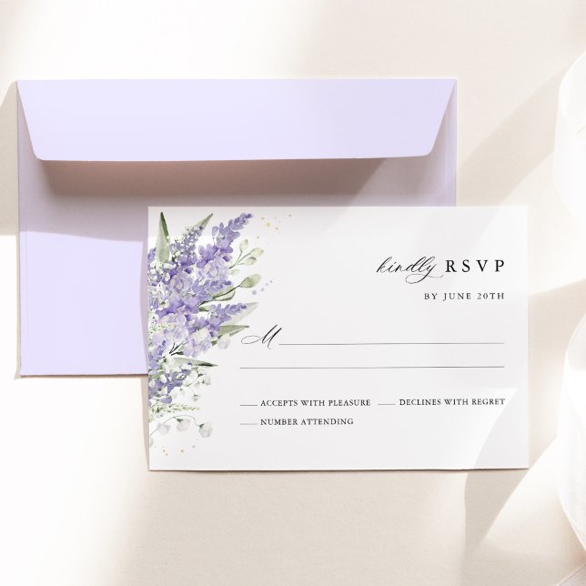 Lavender & Sage Green Floral Watercolor Wedding RSVP Karte (Lavender and sage green floral wedding RSVP card with watercolor flowers, elegant wedding stationery)