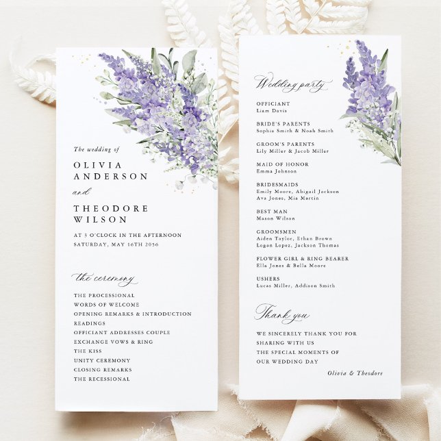 Lavender & Sage Green Floral Wedding Ceremony Programm (Lavender sage green floral wedding program cards with ceremony order and wedding party, watercolor)