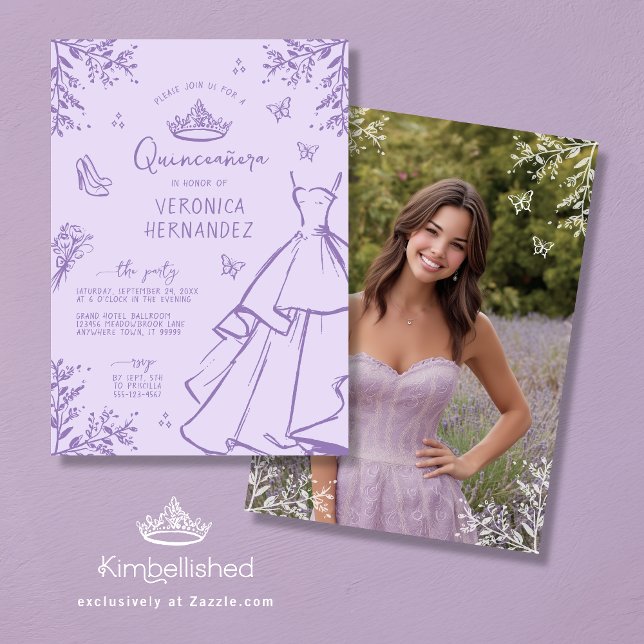 Lavender Scribble Foto Quinceanera Einladung (Front and Back)