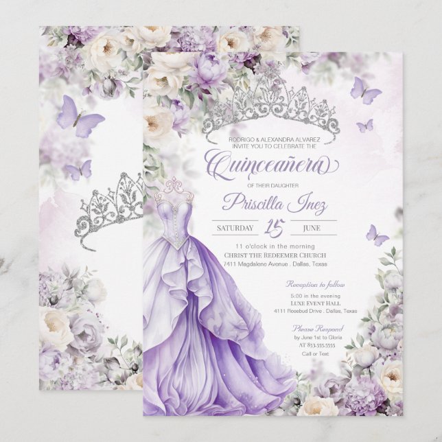 Lavender Silver Butterfly Princess Quinceañera Einladung (Vorne/Hinten)