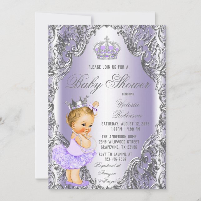 Lavender Silver Tutu Princess Baby Dusche Einladung (Vorderseite)