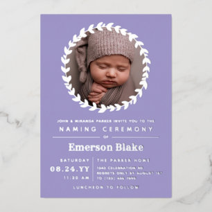 Lavender Silver Wreath Baby Foto Namemony Zeremoni Folieneinladung