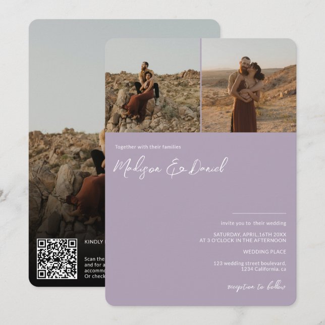Lavender Skriptnamen 3 Fotos qr Code Hochzeit Einladung (Vorne/Hinten)