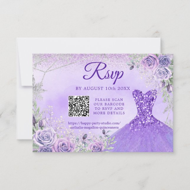 Lavender Snowflake Weihnachten Quinceñera 15. QR RSVP Karte (Vorderseite)