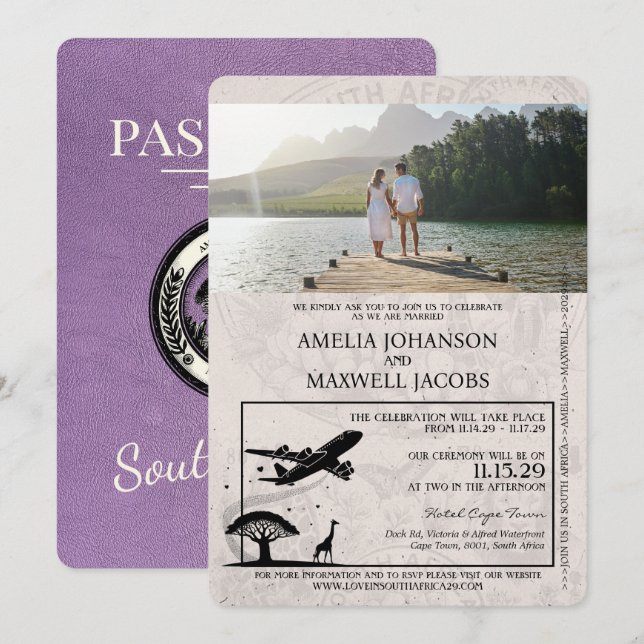 Lavender South Africa Passport Wedding Einladung (Vorne/Hinten)