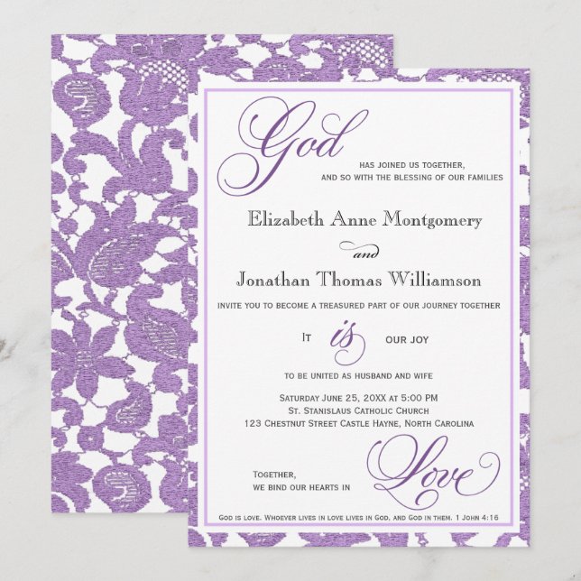 Lavender Spitz Gott ist Liebe Christlich Hochzeit Einladung (Vorne/Hinten)