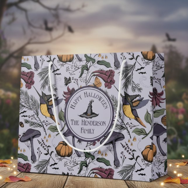 Lavender Spooky Halloween Hummingbird Garden Große Geschenktüte (Spooky Happy Halloween Hummingbird Witch Floral Pattern. Autumn Flowers and Fall Leaves for October)