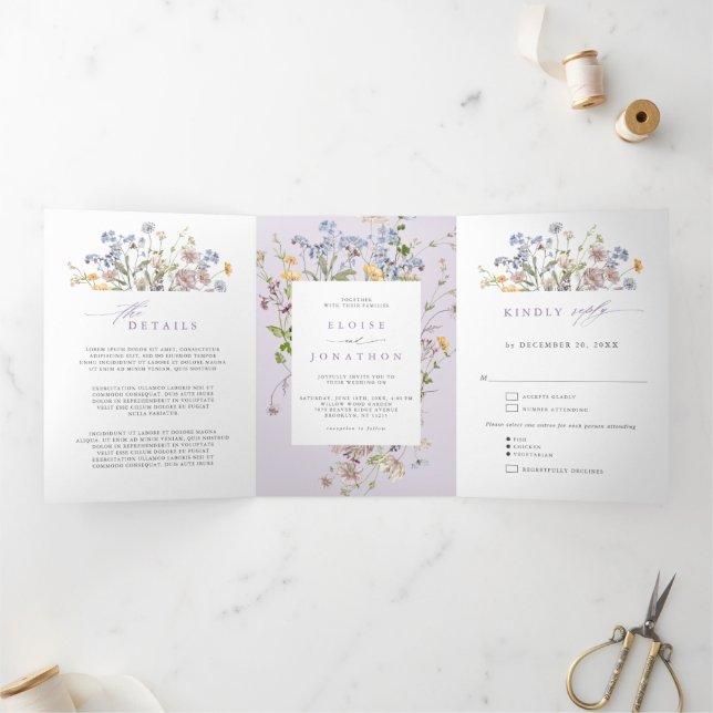Lavender Spring Wildflower Garden Wedding Invite   Dreifach-gefaltete Programmkarte (Innenseite)