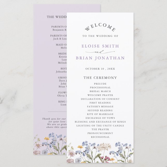 Lavender Spring Wildflower Meadow Garden Wedding  Programm (Vorne/Hinten)