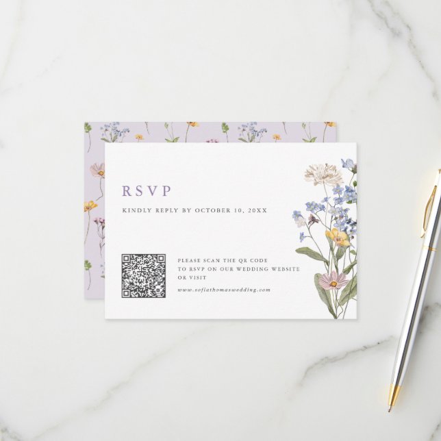 Lavender Spring Wildflower Meadow Wedding QR Code RSVP Karte (Vorderseite/Rückseite Beispiel)