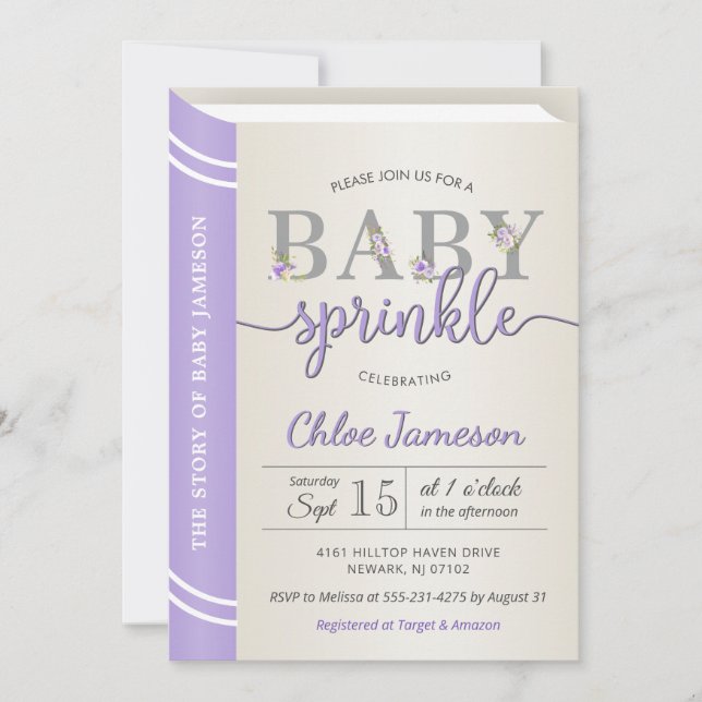 Lavender Storybook Buchbibliothek Baby Sprinkle Einladung (Vorderseite)