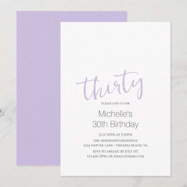 Lavender Trendy Moderne Minimalistisch 30. Geburts Einladung (Vorne/Hinten)