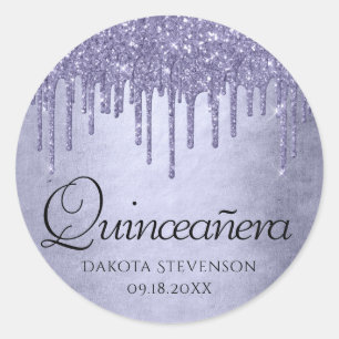 Lavender Tropfen Quinceanera   Lila Chic Script Runder Aufkleber