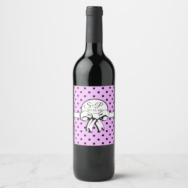 Lavender und Black Polka Dot White Bow personalisi Weinetikett (Vorderseite)