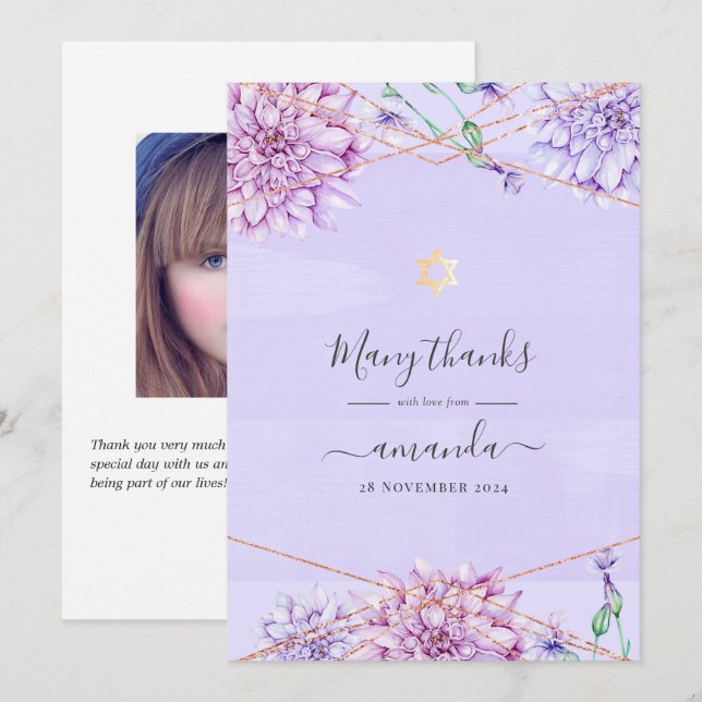 Lavender und Gold Floral Geometric Bat Mitzvah Dankeskarte (Vorne/Hinten)
