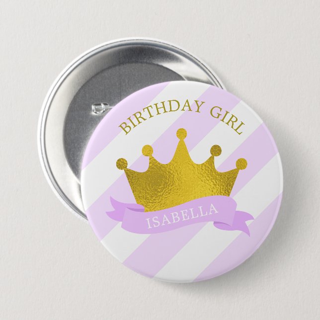 Lavender und Gold Tiara "Birthday Girl" Button (Vorne & Hinten)