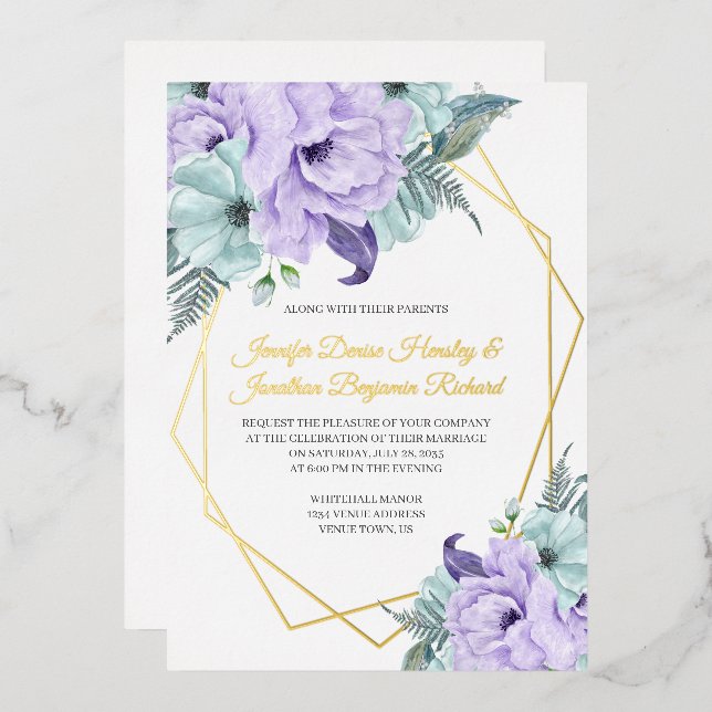 Lavender und Mint Peonies Wedding Folieneinladung (Vorderseite/Rückseite)