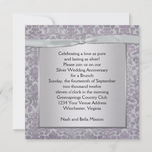 Lavender und Silver Damask 25. Hochzeit Anniversar Einladung (Vorderseite)