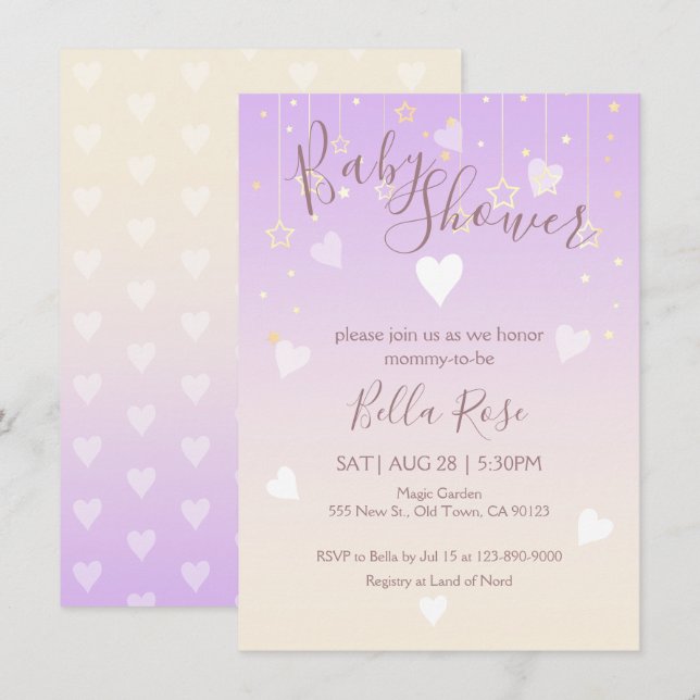 Lavender Vanilla Star Heart Baby Duschkarten Einladung (Vorne/Hinten)