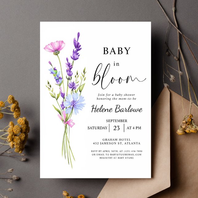 Lavender Watercolor Boho Wildblume Babydusche Einladung (Lavender Watercolor Boho Wildflower Baby Shower Invitation)