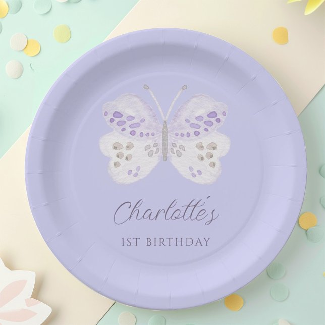 Lavender Watercolor Butterfly 1st Birthday Party Pappteller (Von Creator hochgeladen)