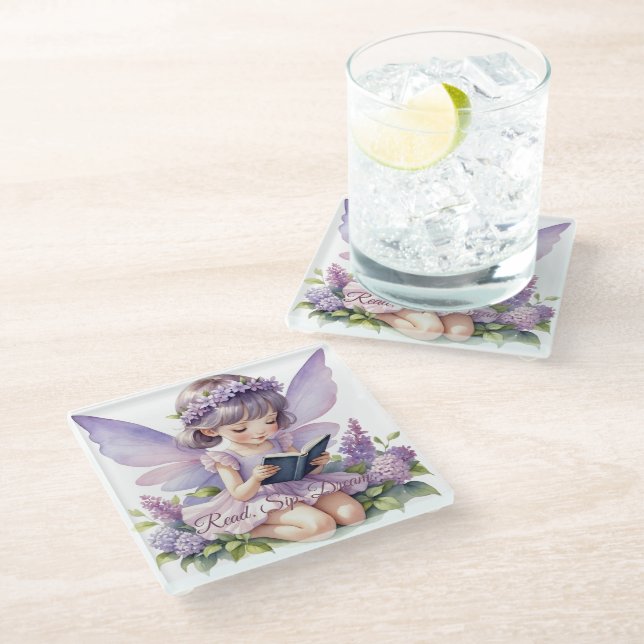 Lavender Watercolor Fairy Reading Book Glasuntersetzer (Schrägansicht)
