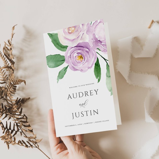 Lavender Watercolor Floral Wedding Paper Program Flyer (Von Creator hochgeladen)