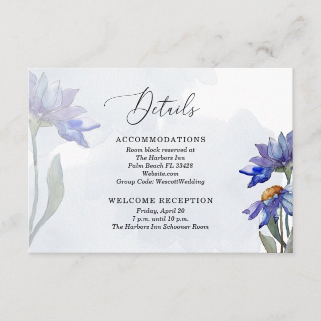 Lavender Watercolor Lila Daisies Wedding Details Begleitkarte (Vorderseite)