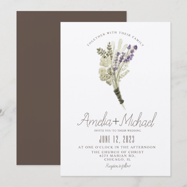 Lavender Watercolor Ökologisch Bouquet Wedding Einladung (Vorne/Hinten)