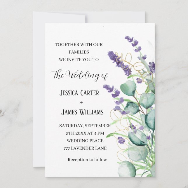 Lavender Watercolor Rustic Eukalyptus Wedding Einladung (Vorderseite)