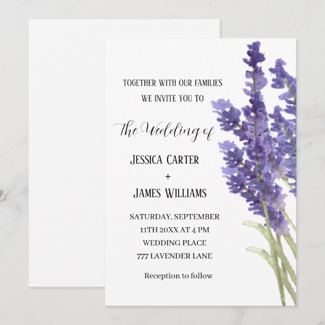 Lavender Watercolor Rustikale Elegante Hochzeit Einladung (Vorne/Hinten)