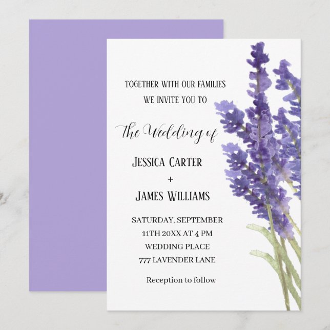 Lavender Watercolor Rustikale Elegante Hochzeit Einladung (Vorne/Hinten)