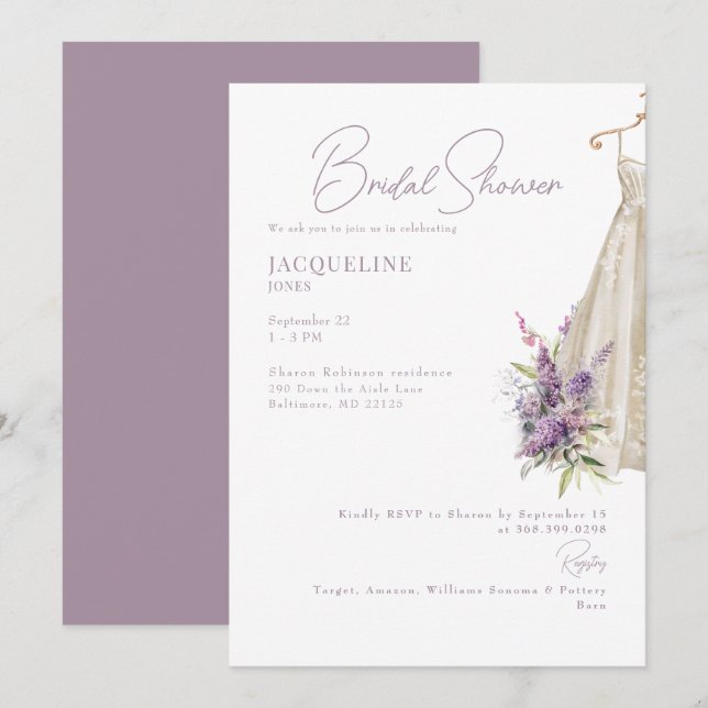 Lavender Wedding Dress Bridal Dusche Einladung (Vorne/Hinten)