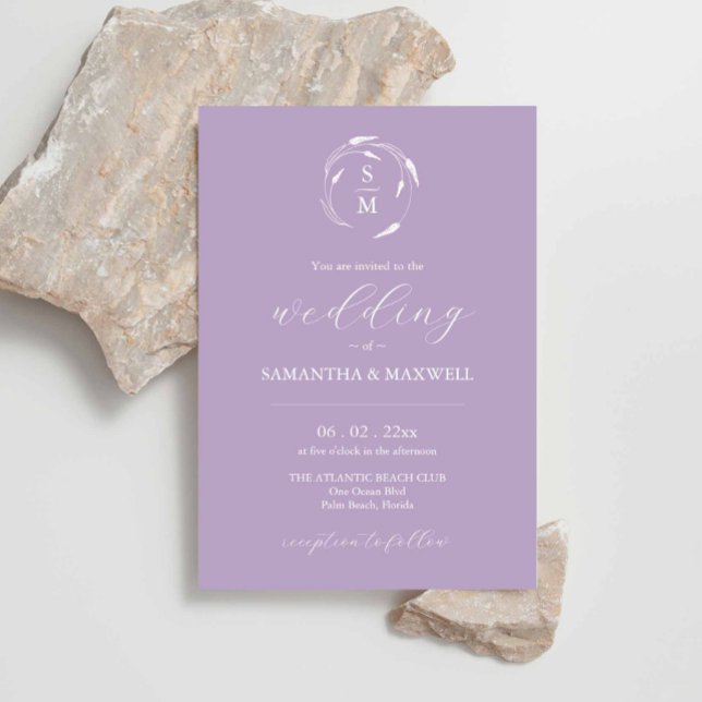 Lavender Wedding Einladung mit QR Code (Custom lavender wedding invites designed using unique line art by Victoria Grigaliunas)