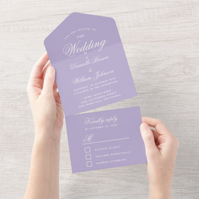 Lavender Wedding Elegante Kalligraphie UAWG Lila All In One Einladung (Abreißen)