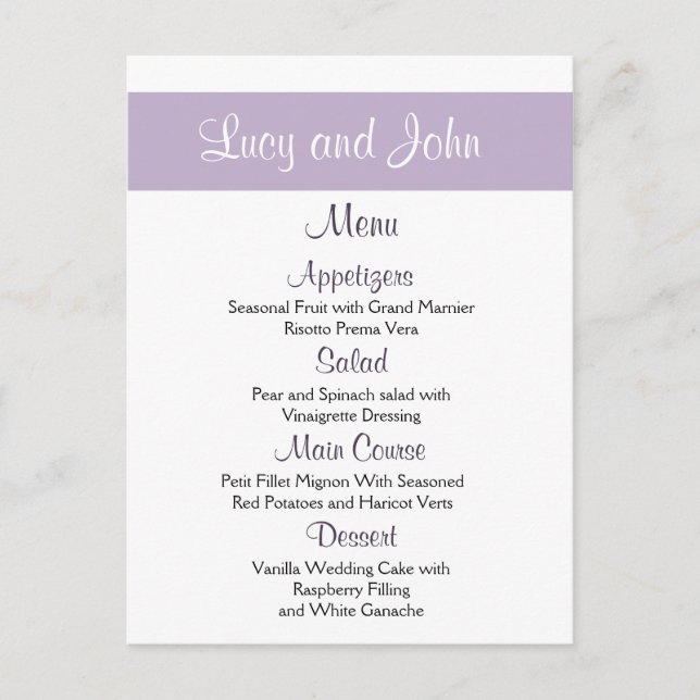 Lavender Wedding Menu Cards Postkarte (Vorderseite)