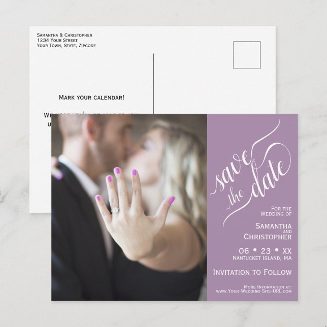 Lavender Wedding Save the Date Foto & Kalligrafie Ankündigungspostkarte (Vorne/Hinten)