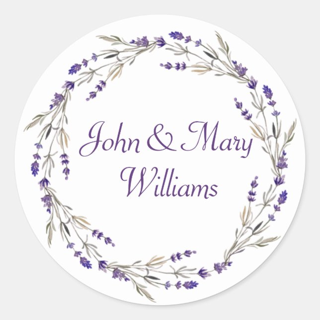 Lavender Wedding Wreath on White Runder Aufkleber (Vorderseite)
