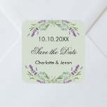 Lavender Weise grüne Hochzeit Sichern Sie das Datu Quadratischer Aufkleber<br><div class="desc">Ein Save the Date Aufkleber für Ihre Hochzeit. Ein trendiger,  von Lavendel-Blume und Eukalyptus-Pflanzen geschmückter,  grün gestalteter Rahmen. Personalisieren und fügen Sie Ihre Namen und Hochzeitsdatum.</div>