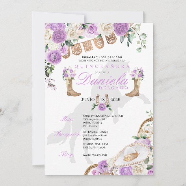 Lavender Western Stiefel & Rose Quinceañera Einladung (Vorderseite)