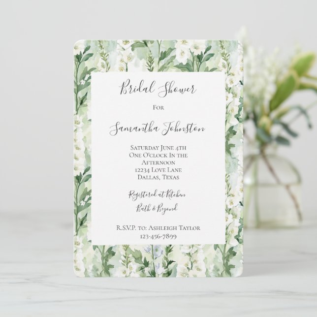 Lavender White Delphinium Flowers Bridal Shower Einladung (Stehend Vorderseite)
