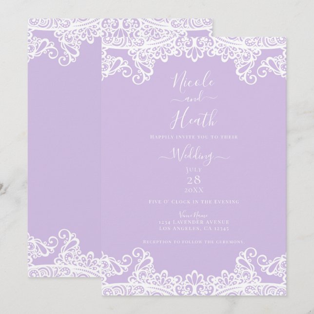 Lavender & White Lace Elegante Hochzeit Einladung (Vorne/Hinten)