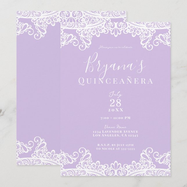 Lavender & White Lace Elegantes Quinceñera Party Einladung (Vorne/Hinten)