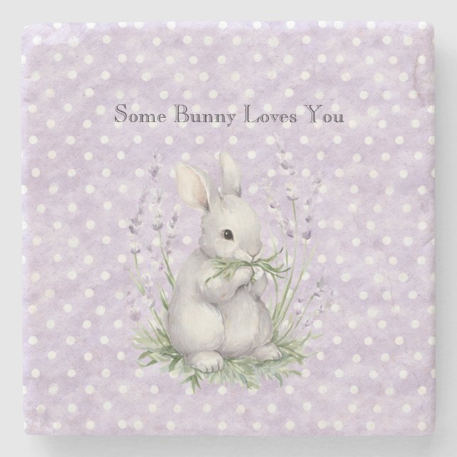 Lavender White Polka Dots Bunny Rabbit Love Steinuntersetzer (Vorderseite)
