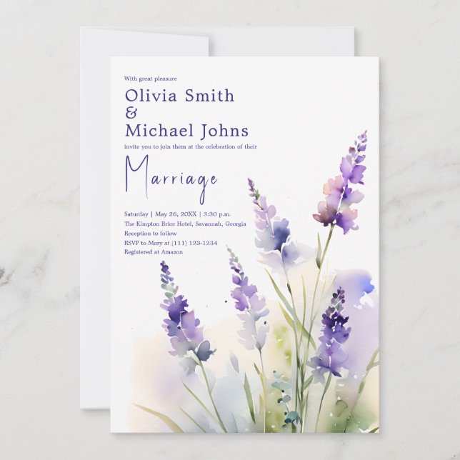 Lavender Wildblume Watercolor Hochzeit Einladung (Vorderseite)