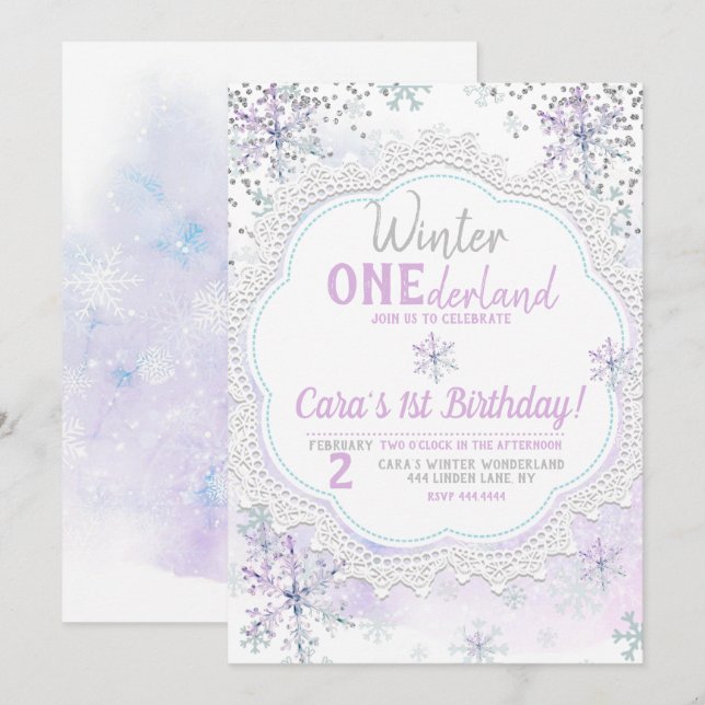 Lavender Winter Onederland 1. Geburtstag Einladung (Vorne/Hinten)